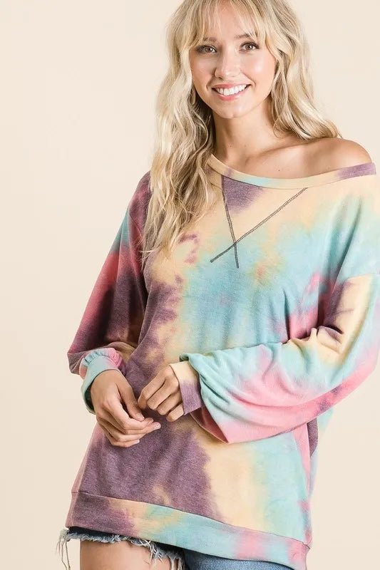 BiBi Tie Dye Print French Terry Sweatshirt - MINT MULTI by Trendsi from FREYA’S CLOSET