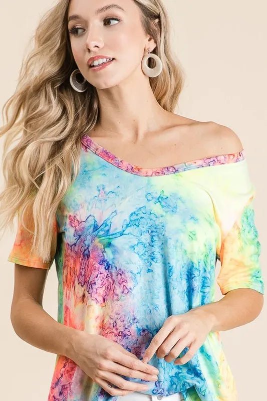 BiBi Tie Dye Print Jersey V Neck Top - MULTI by Trendsi from FREYA’S CLOSET