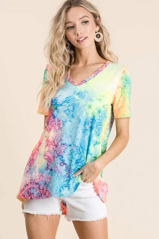 BiBi Tie Dye Print Jersey V Neck Top - MULTI by Trendsi from FREYA’S CLOSET