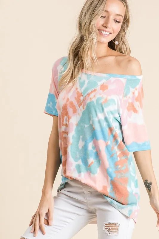 BiBi Tie Dye Print Short Sleeve T-Shirt with Raglan Sleeves - PINK/MINT by Trendsi from FREYA’S CLOSET