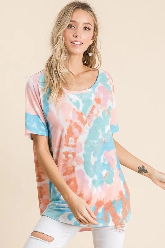 BiBi Tie Dye Print Short Sleeve T-Shirt with Raglan Sleeves - PINK/MINT by Trendsi from FREYA’S CLOSET