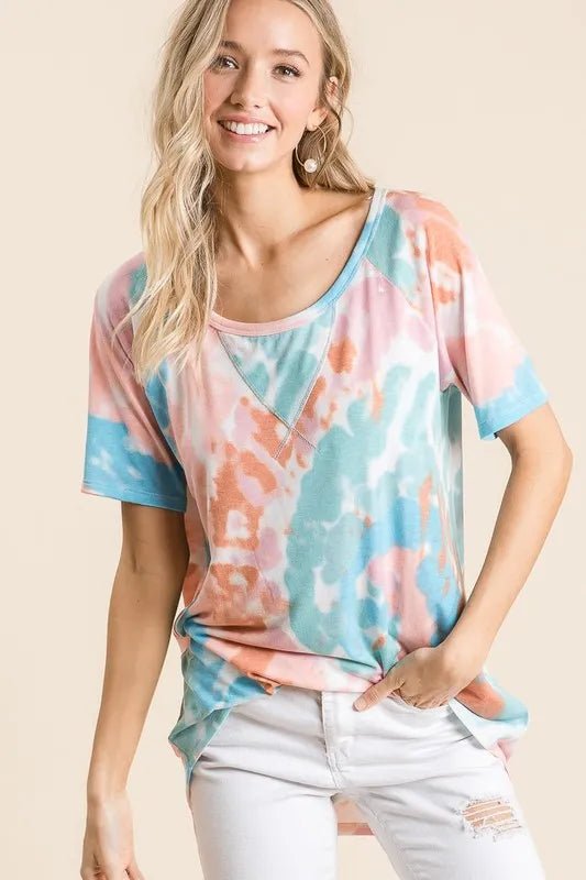 BiBi Tie Dye Print Short Sleeve T-Shirt with Raglan Sleeves - PINK/MINT by Trendsi from FREYA’S CLOSET