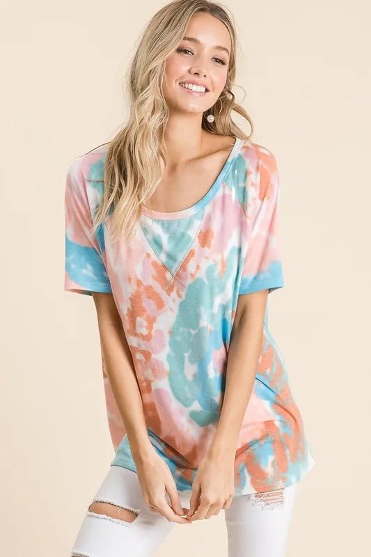 BiBi Tie Dye Print Short Sleeve T-Shirt with Raglan Sleeves - PINK/MINT by Trendsi from FREYA’S CLOSET