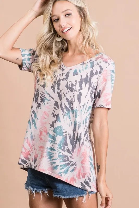 BiBi Tie Dye Print Terry Deep U Neck Top - TIE DYE by Trendsi from FREYA’S CLOSET