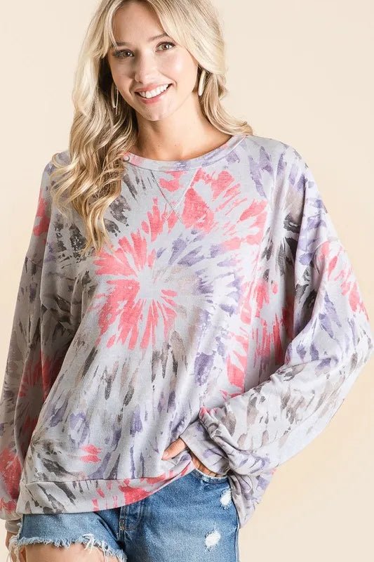 BiBi Tie Dye Print Terry Pull Over - GREY MULTI by Trendsi from FREYA’S CLOSET