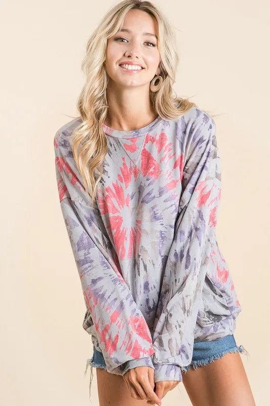BiBi Tie Dye Print Terry Pull Over - GREY MULTI by Trendsi from FREYA’S CLOSET