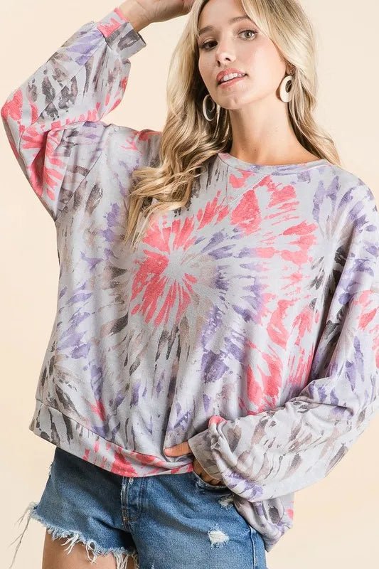 BiBi Tie Dye Print Terry Pull Over - GREY MULTI by Trendsi from FREYA’S CLOSET