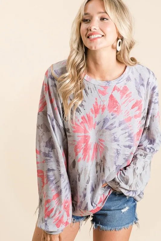 BiBi Tie Dye Print Terry Pull Over - GREY MULTI by Trendsi from FREYA’S CLOSET