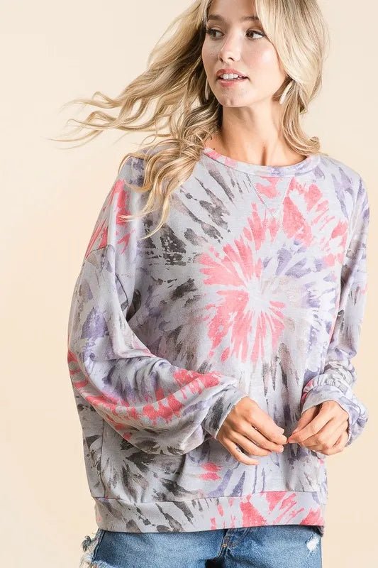 BiBi Tie Dye Print Terry Pull Over - GREY MULTI by Trendsi from FREYA’S CLOSET