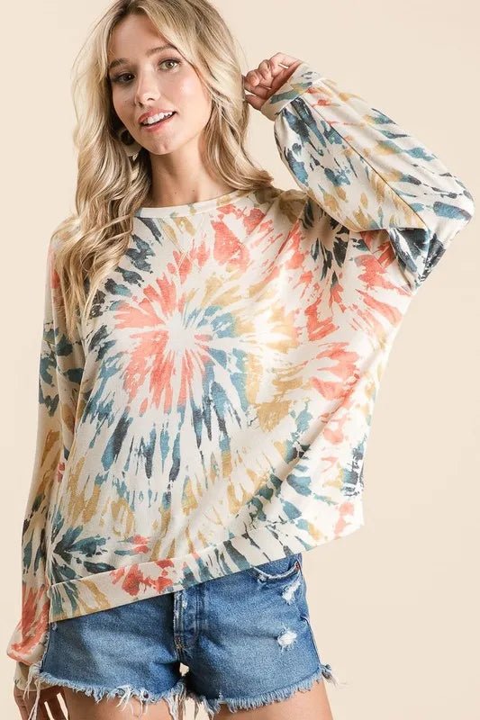 BiBi Tie Dye Print Terry Pull Over - ORANGE/TEAL by Trendsi from FREYA’S CLOSET