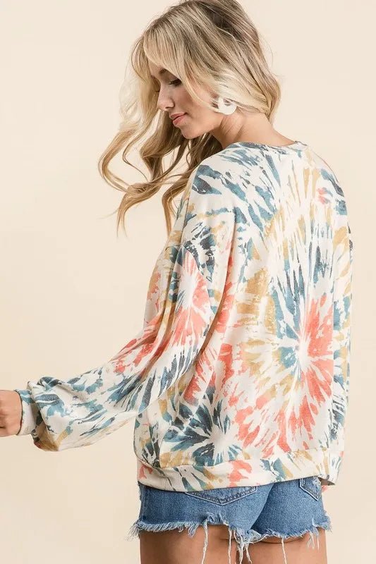 BiBi Tie Dye Print Terry Pull Over - ORANGE/TEAL by Trendsi from FREYA’S CLOSET
