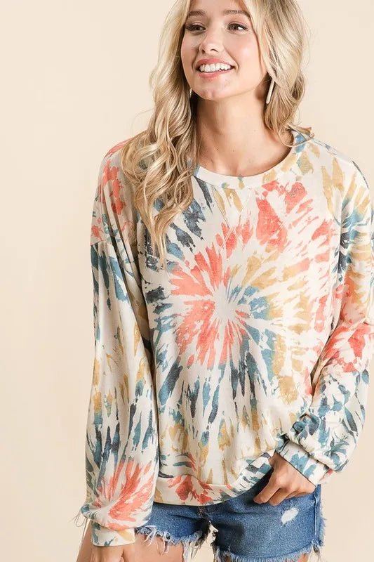 BiBi Tie Dye Print Terry Pull Over - ORANGE/TEAL by Trendsi from FREYA’S CLOSET