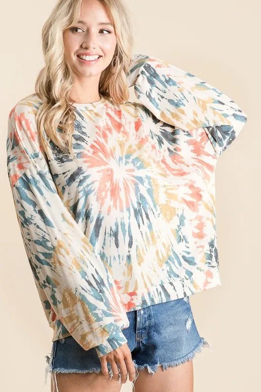 BiBi Tie Dye Print Terry Pull Over - ORANGE/TEAL by Trendsi from FREYA’S CLOSET