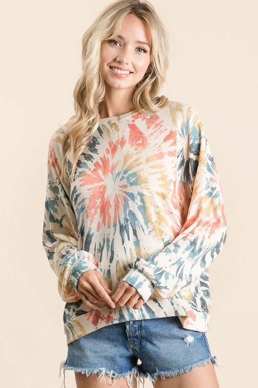 BiBi Tie Dye Print Terry Pull Over - ORANGE/TEAL by Trendsi from FREYA’S CLOSET