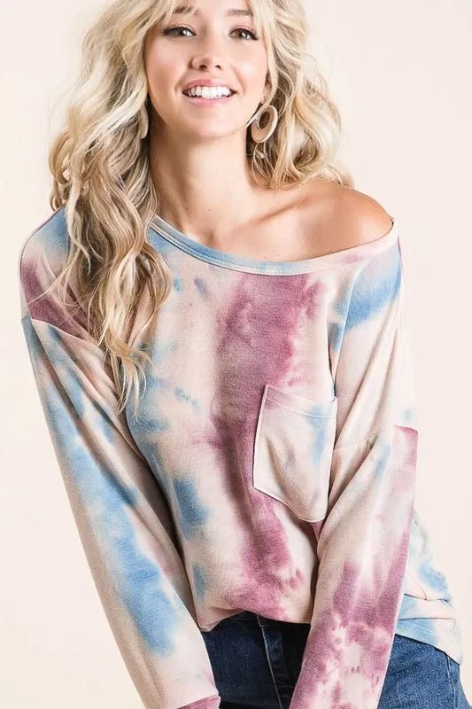 BiBi Tie Dye Print Terry Top With Front Patch Pocket - LAVENDER/BLUE by Trendsi from FREYA’S CLOSET