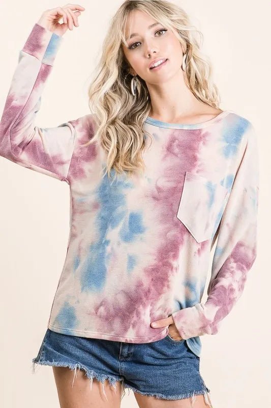 BiBi Tie Dye Print Terry Top With Front Patch Pocket - LAVENDER/BLUE by Trendsi from FREYA’S CLOSET