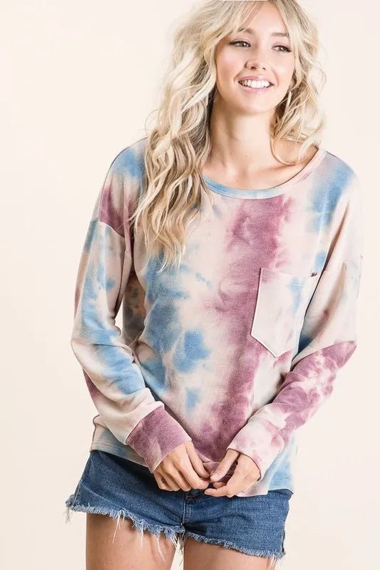 BiBi Tie Dye Print Terry Top With Front Patch Pocket - LAVENDER/BLUE by Trendsi from FREYA’S CLOSET