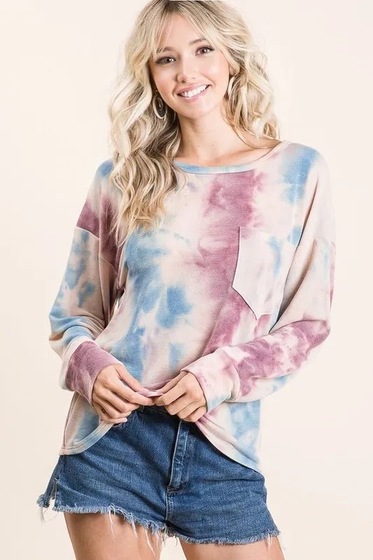 BiBi Tie Dye Print Terry Top With Front Patch Pocket - LAVENDER/BLUE by Trendsi from FREYA’S CLOSET
