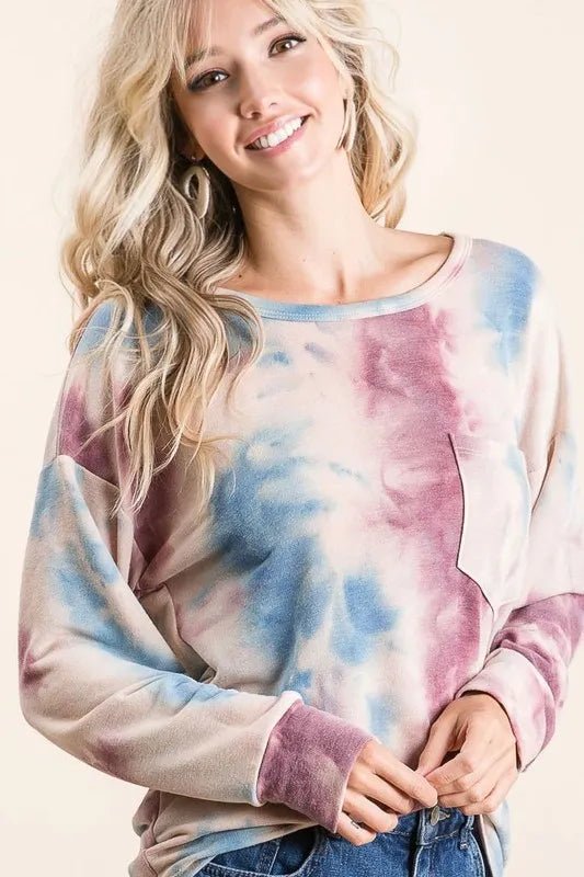 BiBi Tie Dye Print Terry Top With Front Patch Pocket - LAVENDER/BLUE by Trendsi from FREYA’S CLOSET