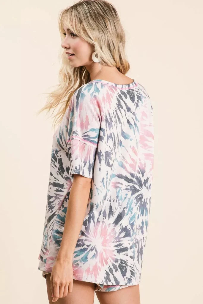 BiBi Tie Dye Print Terry V Neck Top With Contrast - TIE DYE by Trendsi from FREYA’S CLOSET