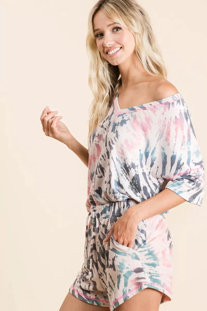 BiBi Tie Dye Print Terry V Neck Top With Contrast - TIE DYE by Trendsi from FREYA’S CLOSET