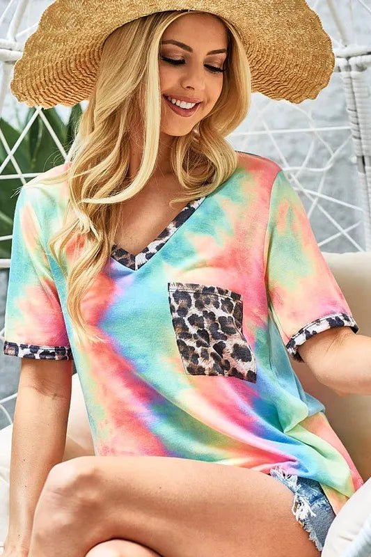 BiBi Tie Dye Print V Neck Top With Front Patch Pocket - PASTEL TIEDYE by Trendsi from FREYA’S CLOSET