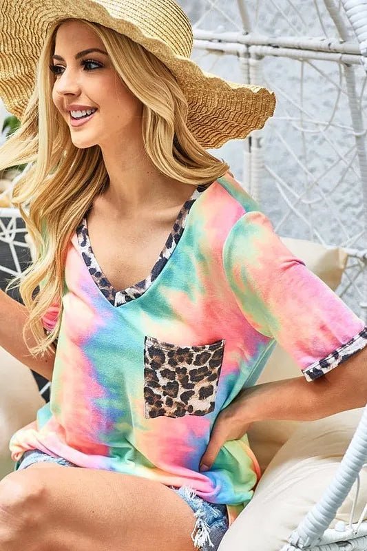BiBi Tie Dye Print V Neck Top With Front Patch Pocket - PASTEL TIEDYE by Trendsi from FREYA’S CLOSET