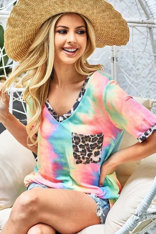 BiBi Tie Dye Print V Neck Top With Front Patch Pocket - PASTEL TIEDYE by Trendsi from FREYA’S CLOSET