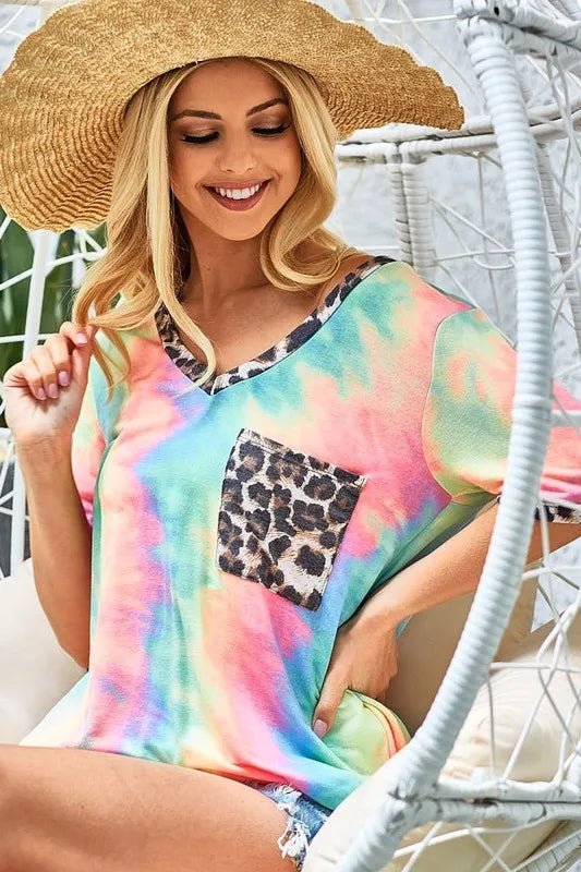 BiBi Tie Dye Print V Neck Top With Front Patch Pocket - PASTEL TIEDYE by Trendsi from FREYA’S CLOSET