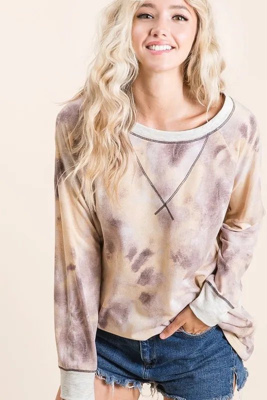 BiBi Tie Dye Terry Pull Over With Contrast Stitching - TAUPE MULTI by Trendsi from FREYA’S CLOSET