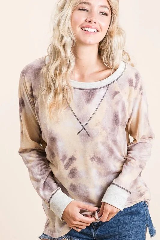 BiBi Tie Dye Terry Pull Over With Contrast Stitching - TAUPE MULTI by Trendsi from FREYA’S CLOSET