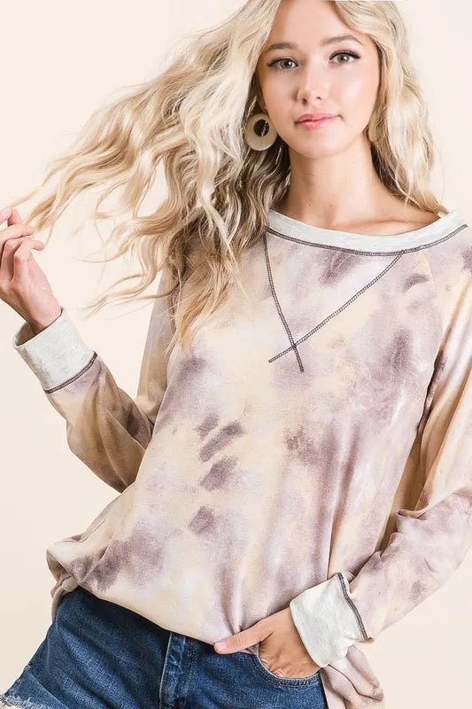 BiBi Tie Dye Terry Pull Over With Contrast Stitching - TAUPE MULTI by Trendsi from FREYA’S CLOSET