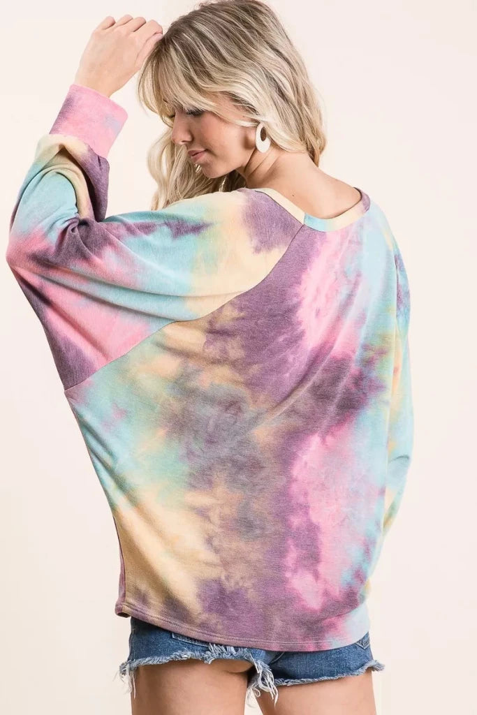 BiBi Tie Dye Terry Top With Dolman Sleeves - PINK/CHARCOAL/YEL by Trendsi from FREYA’S CLOSET
