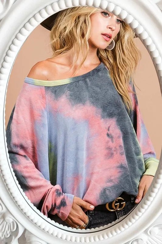 BiBi Tie Dye Terry Top With Dolman Sleeves - PINK/CHARCOAL/YEL by Trendsi from FREYA’S CLOSET