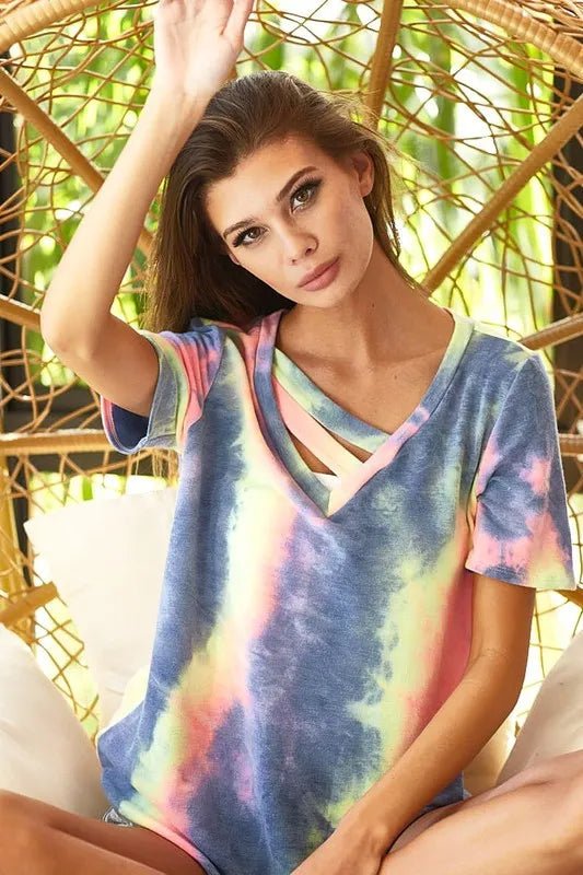 BiBi Tie Dye Terry V Neck Top With Double Strap - CHARCOAL TIEDYE by Trendsi from FREYA’S CLOSET