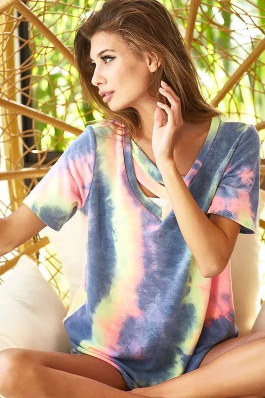 BiBi Tie Dye Terry V Neck Top With Double Strap - CHARCOAL TIEDYE by Trendsi from FREYA’S CLOSET