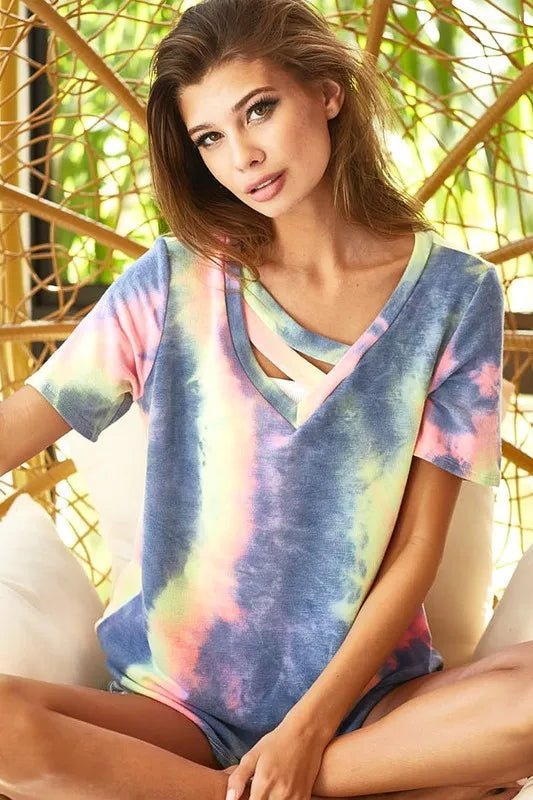 BiBi Tie Dye Terry V Neck Top With Double Strap - CHARCOAL TIEDYE by Trendsi from FREYA’S CLOSET