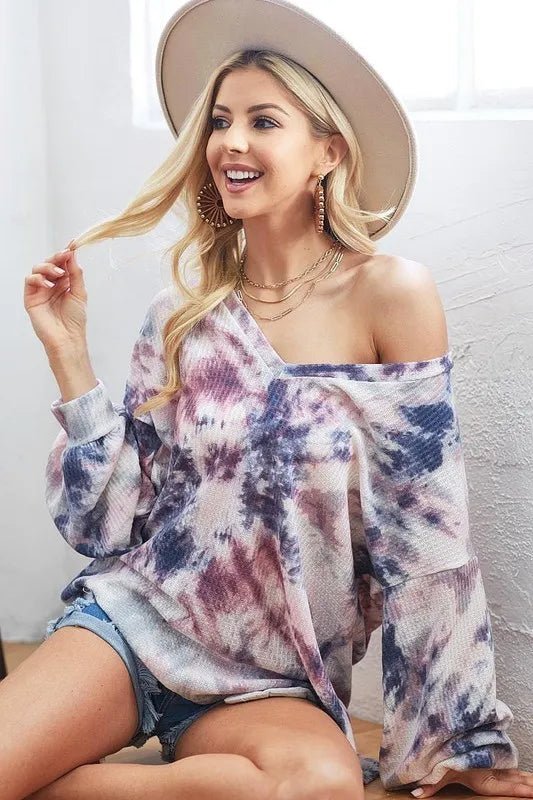 BiBi Tie - Dye V - Neck Long Sleeve Waffle Top - BLUE GREY/BLUSH by Trendsi from FREYA’S CLOSET
