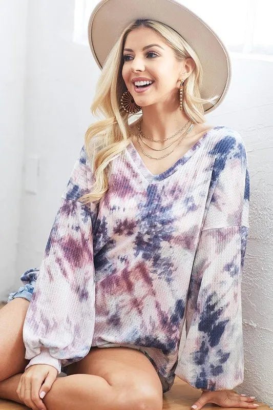 BiBi Tie - Dye V - Neck Long Sleeve Waffle Top - BLUE GREY/BLUSH by Trendsi from FREYA’S CLOSET