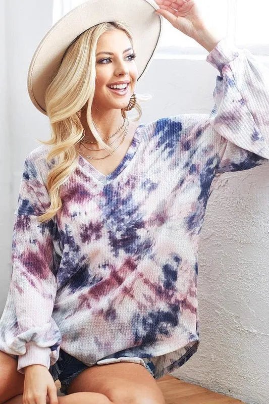 BiBi Tie - Dye V - Neck Long Sleeve Waffle Top - BLUE GREY/BLUSH by Trendsi from FREYA’S CLOSET