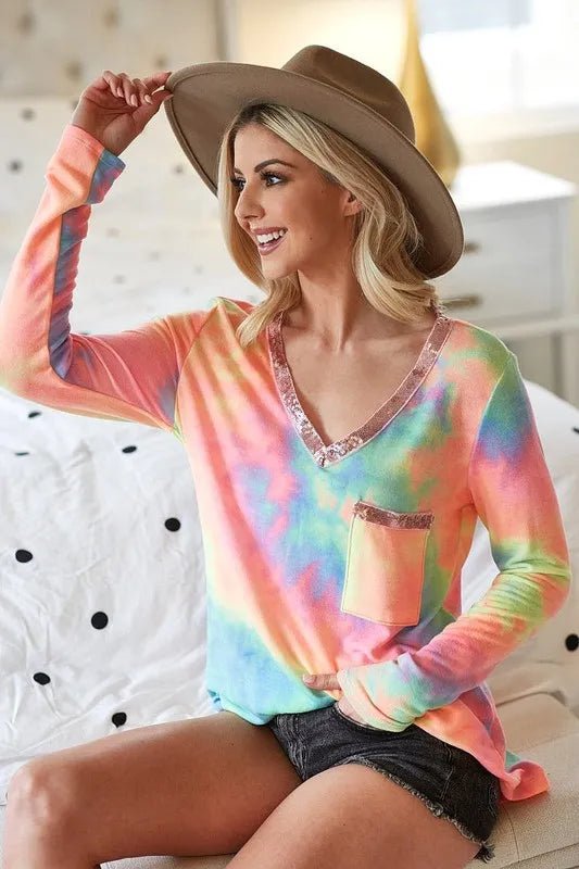 BiBi Tie Dye V - neck Terry Knit Top With Sequins - PASTEL TIE DYE by Trendsi from FREYA’S CLOSET