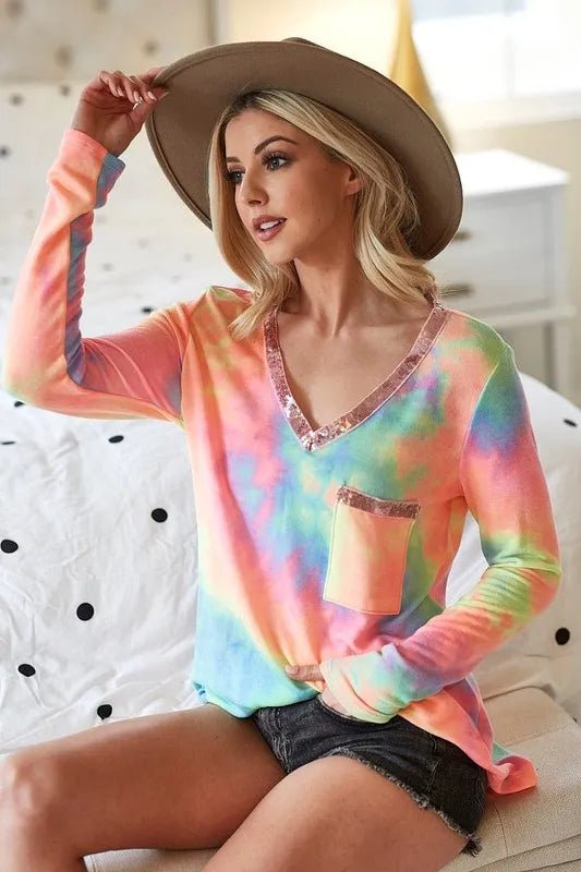 BiBi Tie Dye V - neck Terry Knit Top With Sequins - PASTEL TIE DYE by Trendsi from FREYA’S CLOSET