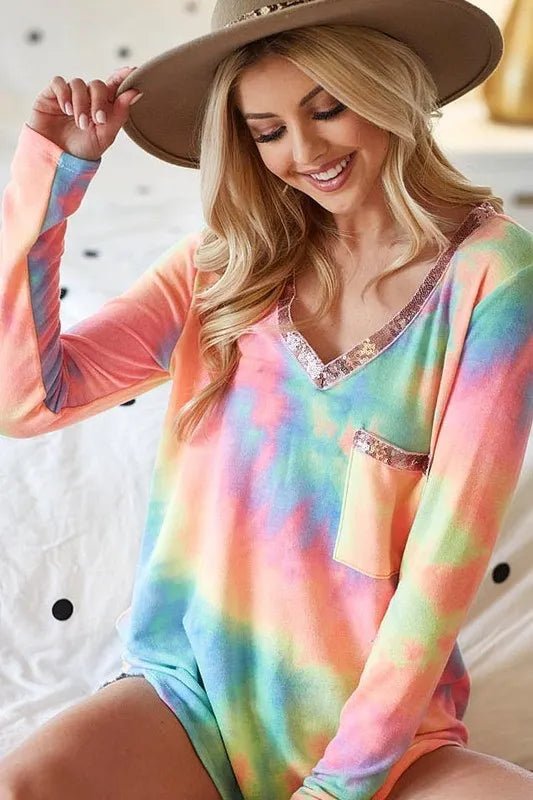 BiBi Tie Dye V - neck Terry Knit Top With Sequins - PASTEL TIE DYE by Trendsi from FREYA’S CLOSET