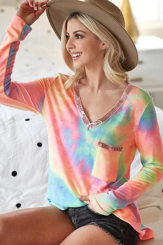 BiBi Tie Dye V - neck Terry Knit Top With Sequins - PASTEL TIE DYE by Trendsi from FREYA’S CLOSET