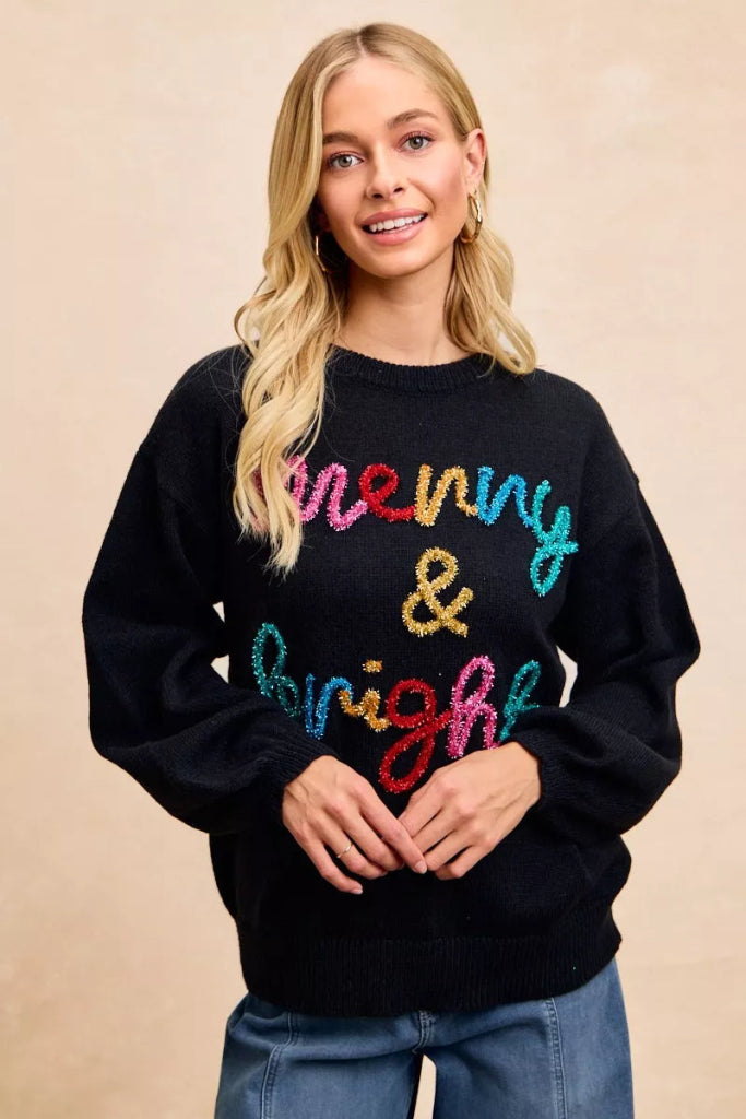 BiBi Tinsel Lettering Christmas Sweater - BLACK/MULTI by Trendsi from FREYA’S CLOSET