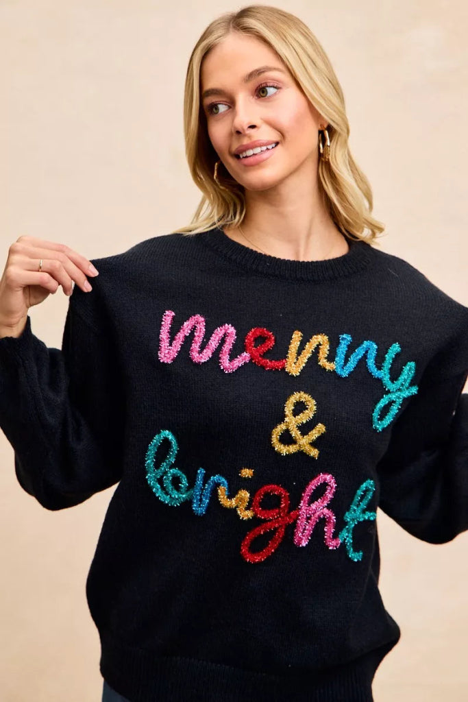 BiBi Tinsel Lettering Christmas Sweater - BLACK/MULTI by Trendsi from FREYA’S CLOSET