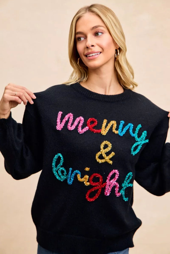 BiBi Tinsel Lettering Christmas Sweater - BLACK/MULTI by Trendsi from FREYA’S CLOSET