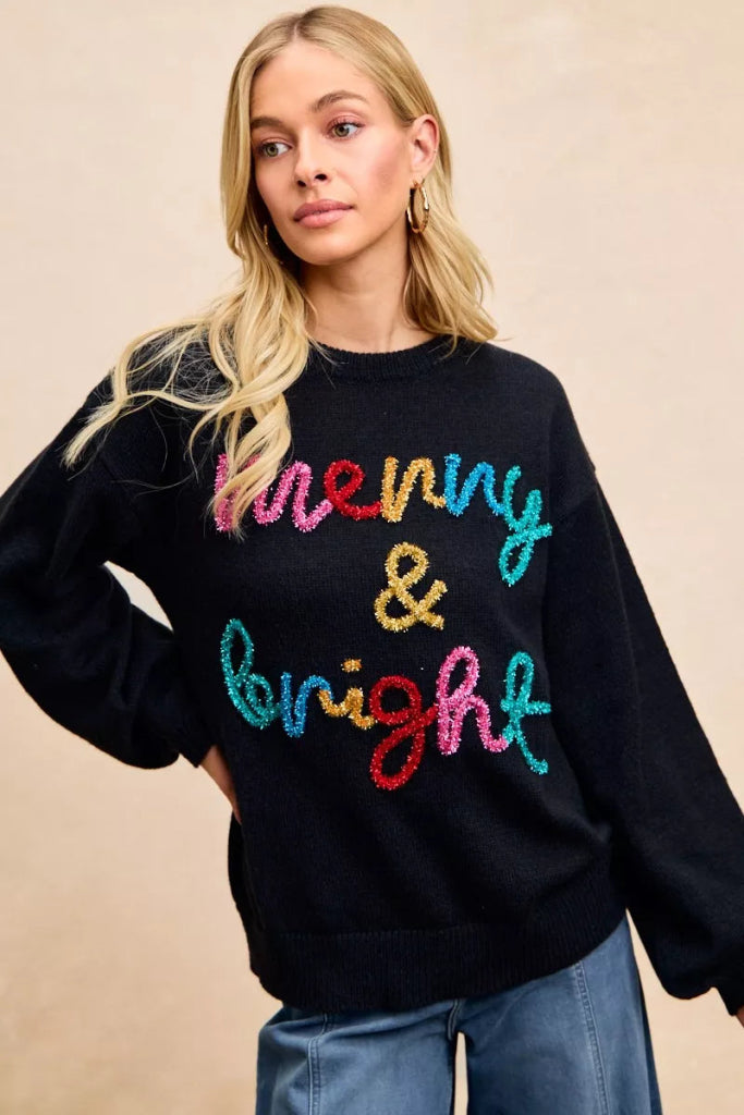BiBi Tinsel Lettering Christmas Sweater - BLACK/MULTI by Trendsi from FREYA’S CLOSET