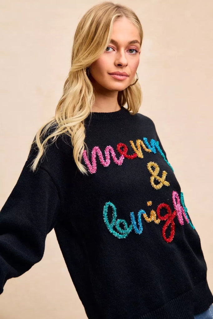 BiBi Tinsel Lettering Christmas Sweater - BLACK/MULTI by Trendsi from FREYA’S CLOSET