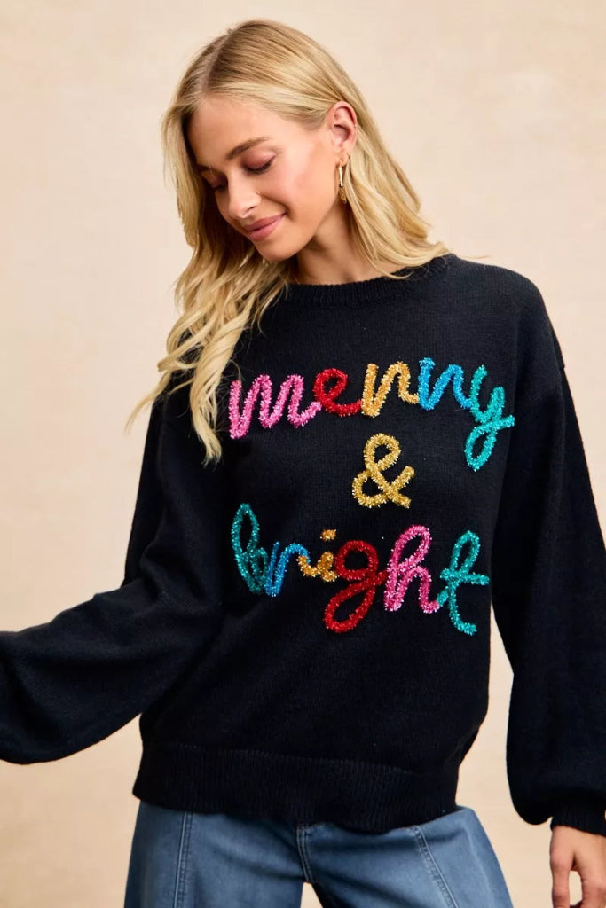 BiBi Tinsel Lettering Christmas Sweater - BLACK/MULTI by Trendsi from FREYA’S CLOSET